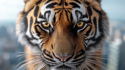 Obraz premium A close up of a tiger's face with a city in the background