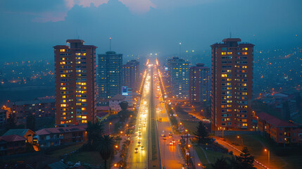Obraz premium A view of tall high-rise building with residential tower, creating a city gate effect. Located in the city center of Kigali in east Africa.