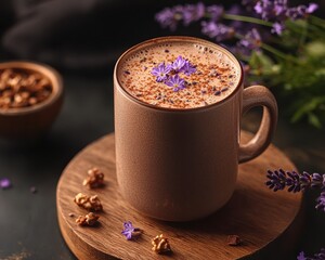 A beautifully styled cup of coffee topped with lavender flowers, surrounded by decorative elements and a rustic wooden base.