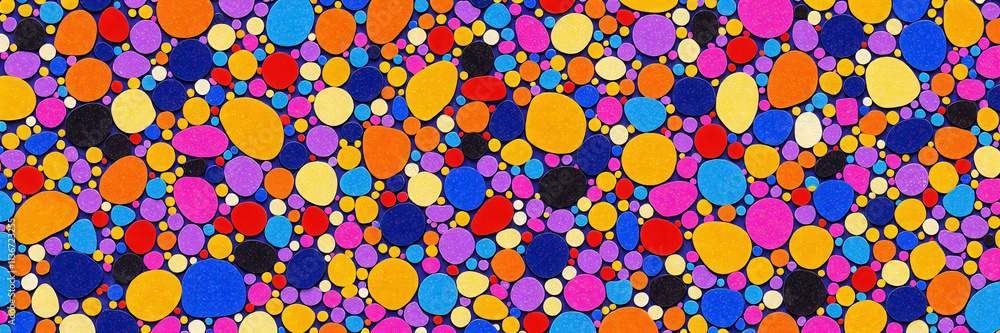 Poster a colorful mosaic of rocks and spheres. the colors are bright and vibrant, creating a lively and ene