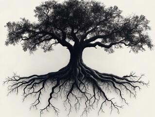 Black and white illustration of a tree with detailed branches and roots on a white background.
