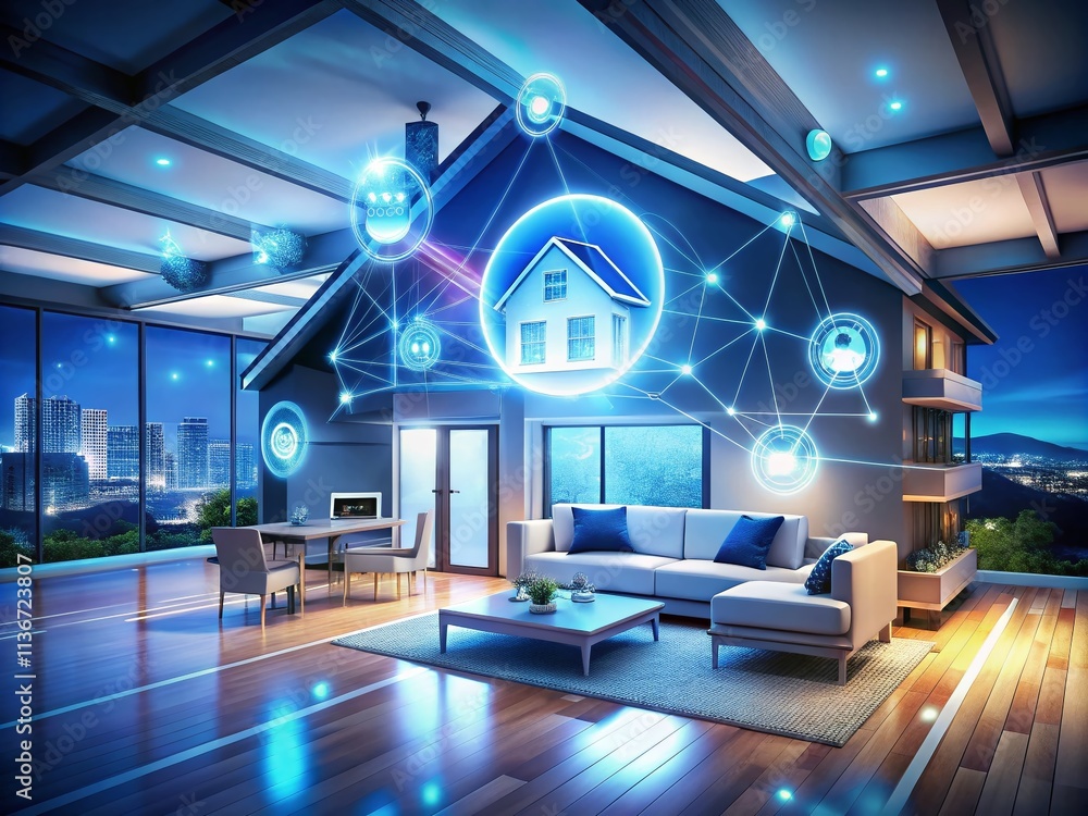 Poster virtual home automation display featuring a small house symbol, representing advanced technology for