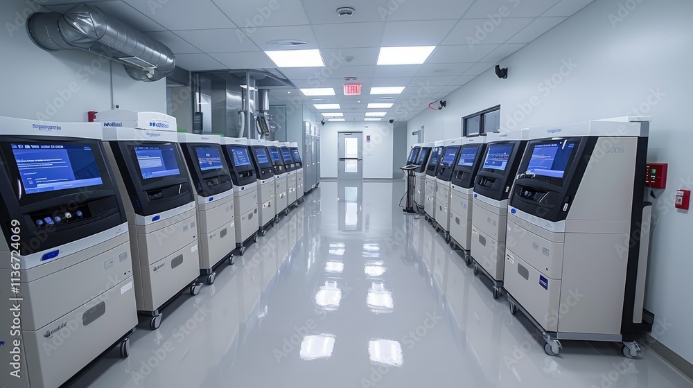 Poster a corridor filled with advanced machines for scientific analysis or processing.