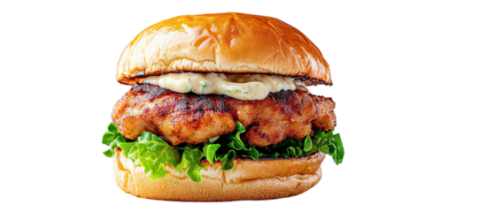 Delicious grilled chicken burger with lettuce. transparent background