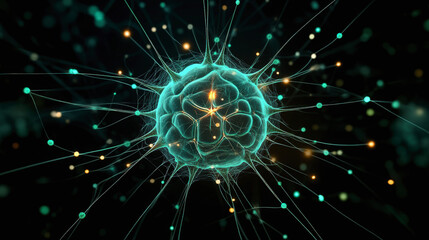 A glowing, abstract representation of a neural network or brain cell, with interconnected lines and nodes, conveying complexity and connectivity in a dark space.