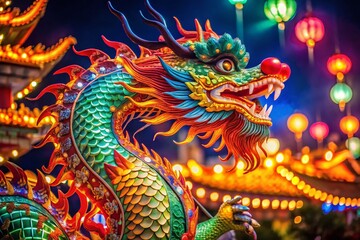Vivid Dragon: A Stunning Chinese Artwork in Low Light Photography, Capturing the Essence of Traditional Artistry with a Modern Twist and Ethereal Glow