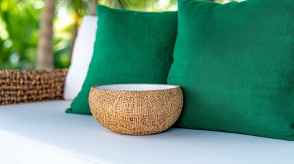 Fototapeta premium A white couch with green pillows and a bowl on it