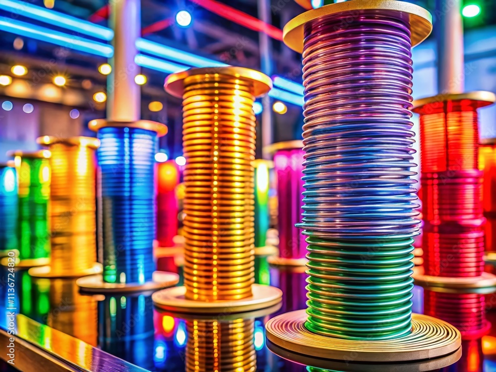 Poster vividly colored line coils creating a futuristic technology display stand in a macro photography sty