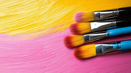 Fototapeta premium A group of paint brushes sitting on top of a pink and yellow surface