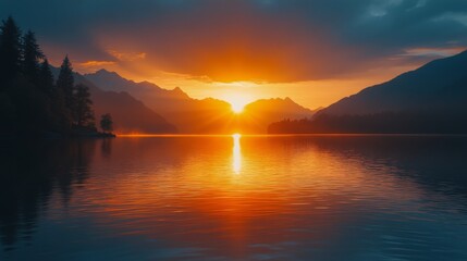 Obraz premium Stunning sunrise over a tranquil lake surrounded by mountains and mist