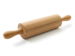 A classic wooden rolling pin with smooth handles, isolated on a white background, full depth of field.