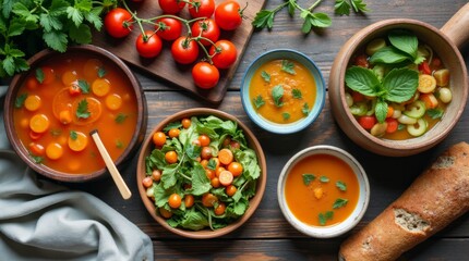 A beautifully arranged table featuring a variety of Lenten meals, including vegetable soup, whole grain bread, and fresh salads