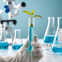 Female scientist working in a chemistry lab with test tubes, conducting scientific research and analysis