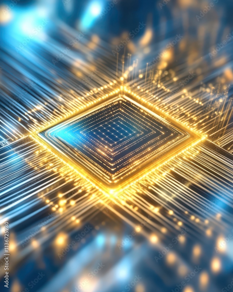 Poster Exploring the Intricate Design of a Quantum Computing Chip in a Vibrant Digital Landscape