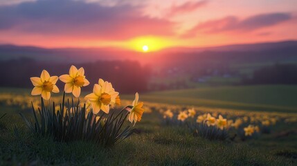Beautiful sunset over a field of blooming daffodils with a lone tree in the foreground