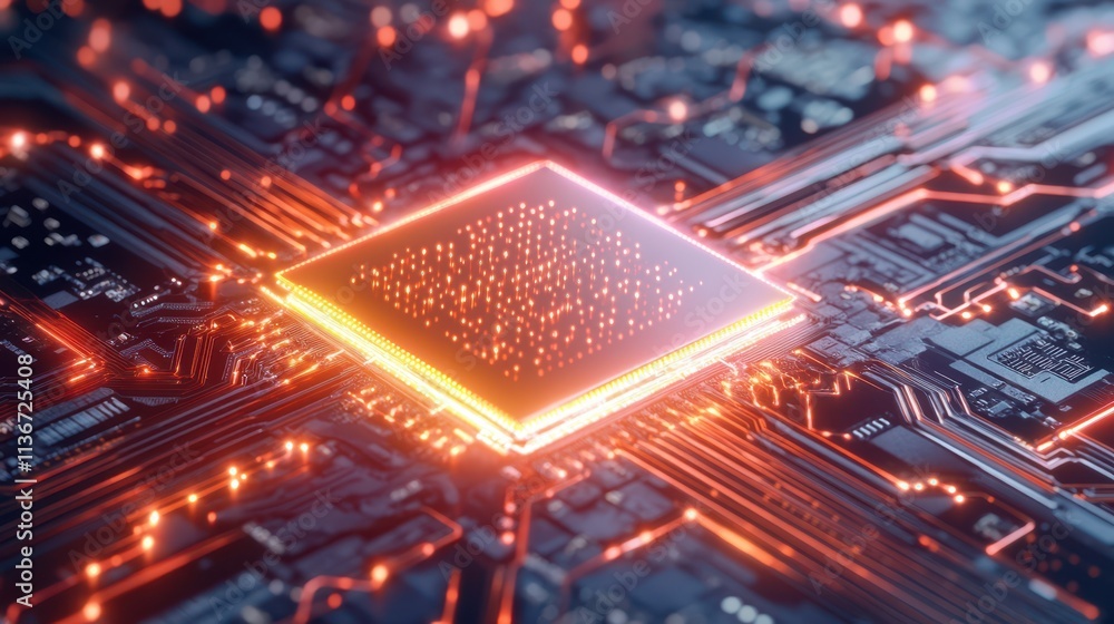 Poster innovative quantum computing chip illuminates the future of technology with intricate design
