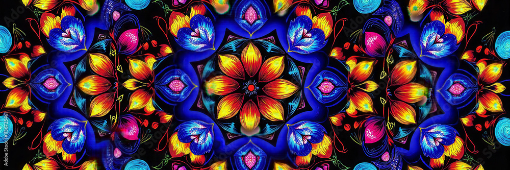Poster a colorful flower pattern with a blue background. the flowers are in different colors and sizes, and