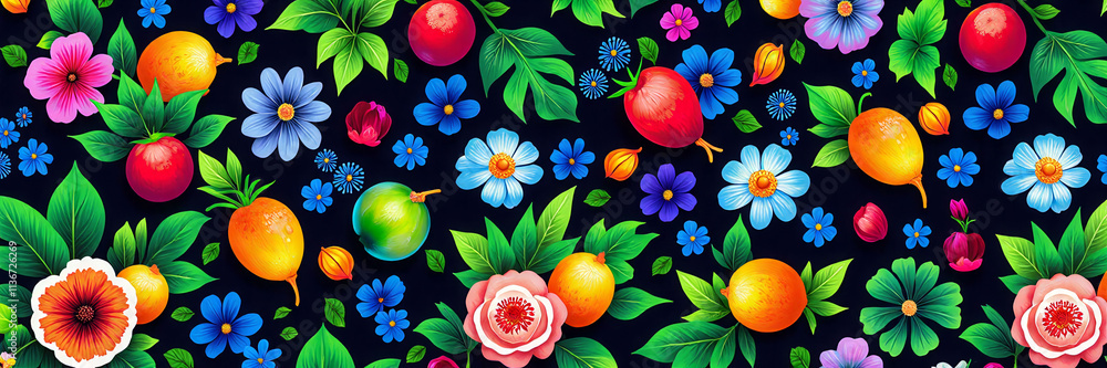 Poster a colorful floral design on a blue background. the flowers are in various colors and sizes, and they