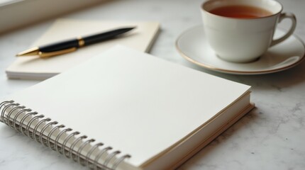 A close-up shot of a neatly organized workspace with a single notebook, a pen, and a cup of tea