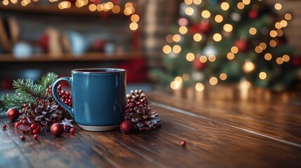 Cozy holiday drink with spices and decorations on a festive table