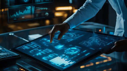 Advanced technology interface interaction in a modern workspace during evening hours