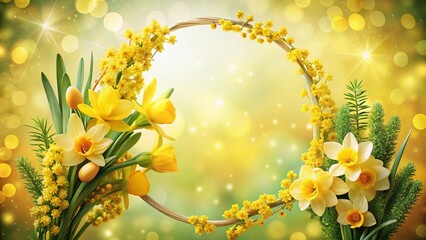 Watercolor Circle Frame with Yellow Daffodils and Mimosa Branches for Mother's Day Card Design, Beautiful Bokeh Effect Background, Ideal for Spring Floral Celebrations