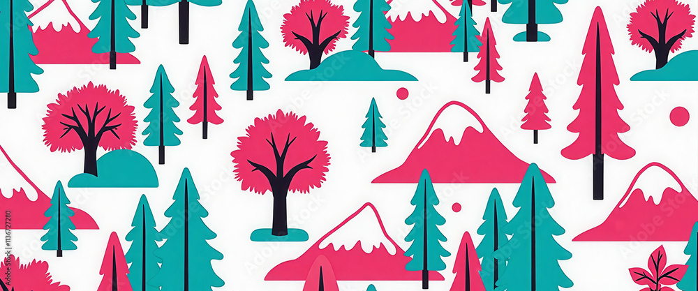 Poster a colorful forest scene with trees in pink, blue, and green. the trees are arranged in a pattern and