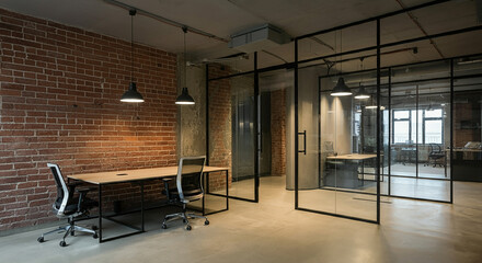 Modern Office Interior Design Brick Walls Glass Partitions Workspace