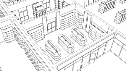 Outline drawing of isometric top view of store mockup with empty shelves surrounded by other stores in shopping mall. 3d illustration