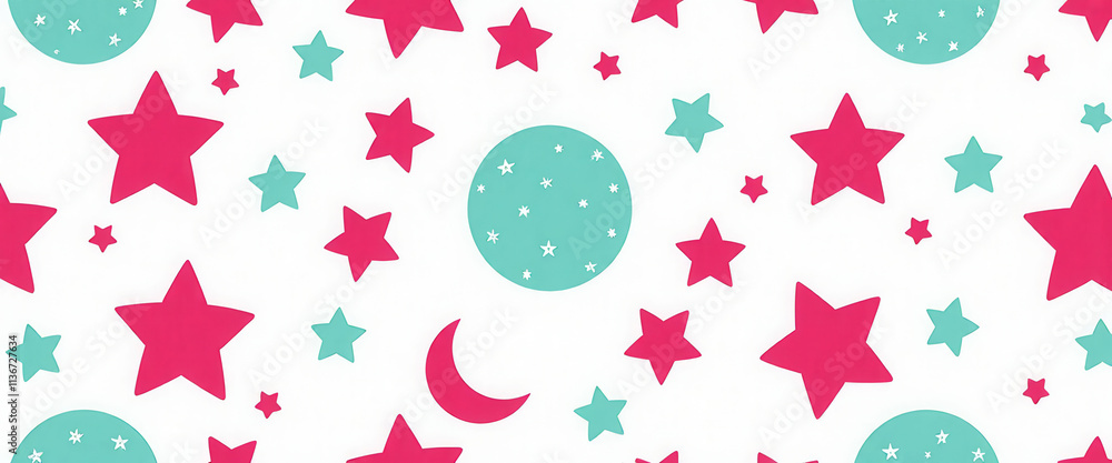 Poster a pattern of stars and a crescent moon. the stars are in different sizes and colors, and the moon is