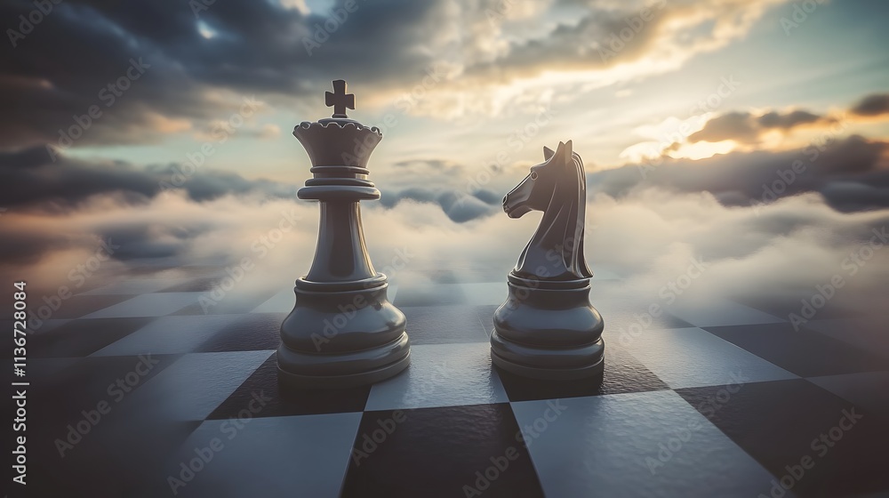 Poster Stunning Artistic Representation of Chess Pieces in a Mystical Setting with Clouds and Dramatic Lighting, Symbolizing Strategy and Intellect in a Dreamlike Landscape