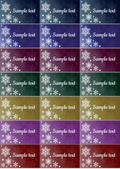 Collection of 21 colorful Christmas gift tags labels on A4 page with white various snowflakes and stars. Set of printable color gradient editable holiday stickers with copy space. Vector EPS10
