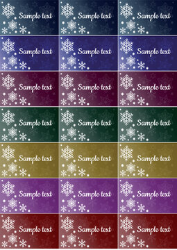 Collection of 21 colorful Christmas gift tags labels on A4 page with white various snowflakes and stars. Set of printable color gradient editable holiday stickers with copy space. Vector EPS10