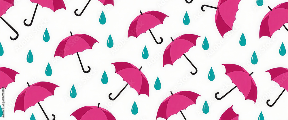 Poster a pattern of pink umbrellas with blue drops of water. the umbrellas are arranged in a way that they 