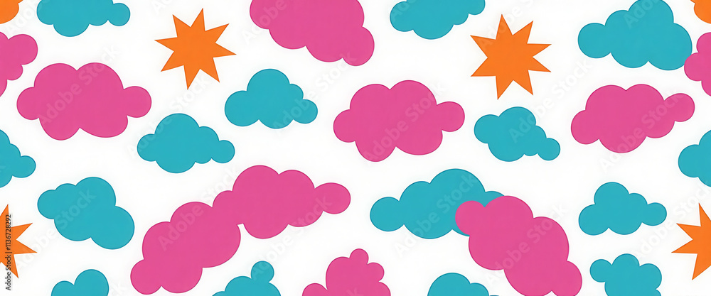 Poster a colorful pattern of clouds and flowers with a blue and pink background. the clouds are in various 
