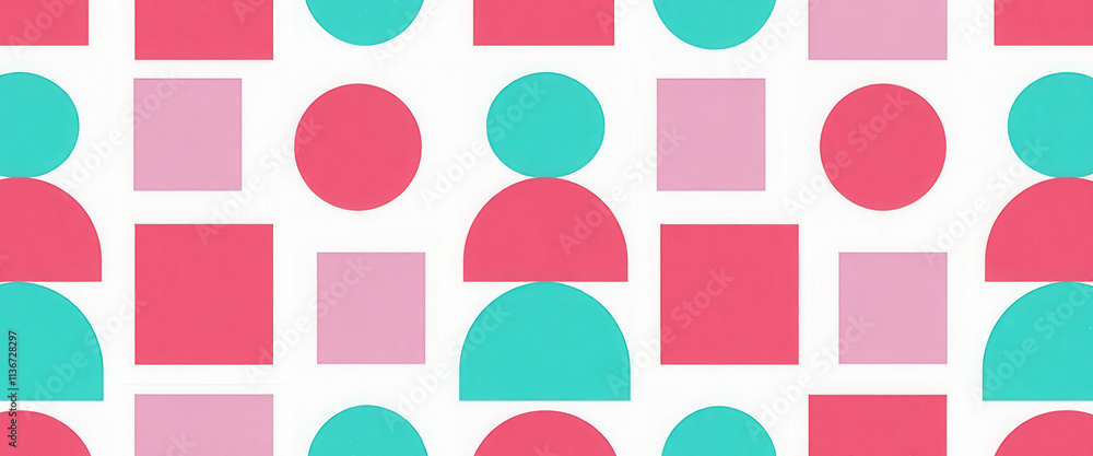 Poster a colorful pattern of squares and circles with a pink and green person in the middle. the pattern is