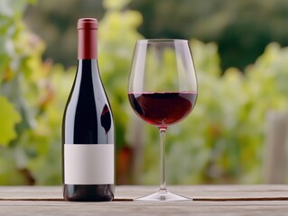 Fototapeta premium Bottle of red wine with a glass of wine on a wooden table against a vineyard background, AI
