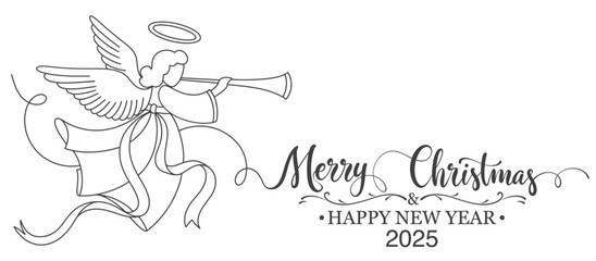 Angel with Merry christmas and happy new year lettering text banner, vector eps