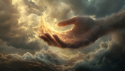 Fototapeta premium Surreal Hand Emerging from Turbulent Seas with Glowing Light, Symbolizing Hope, Transformation, and Connection with Nature during Stormy Skies and Dramatic Cloudscapes