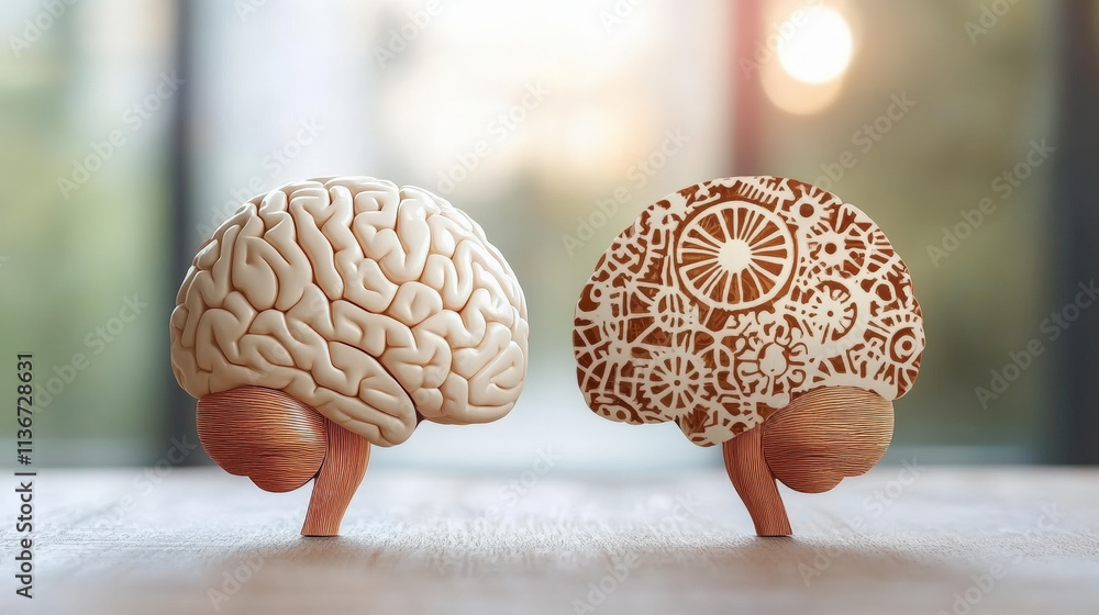 Poster a conceptual image of two brains side by side, one realistic and the other with mechanical gears, sy