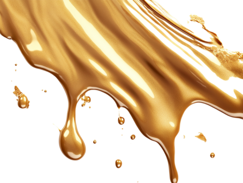 Melted gold chocolate, isolated on a transparent background, emphasizing its rich texture and smooth flow, perfect for dessert, food, or indulgence-themed designs.
