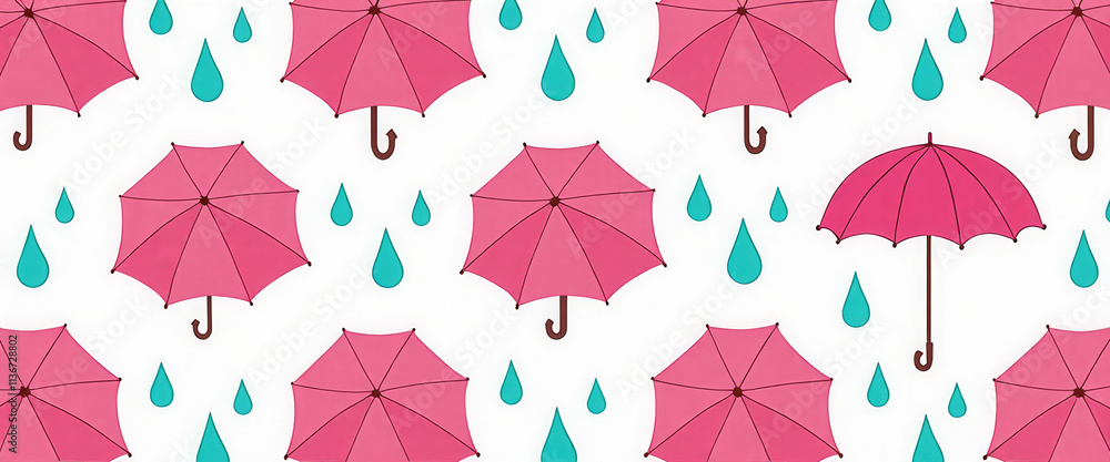 Poster a pattern of pink umbrellas with blue drops of water. the umbrellas are arranged in a way that they 