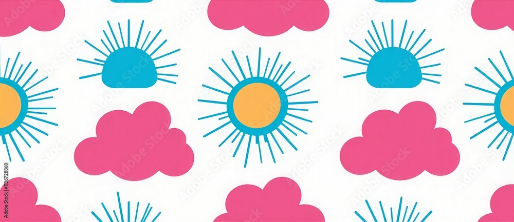 Poster a colorful pattern of clouds and flowers with a blue and pink background. the clouds are in various 