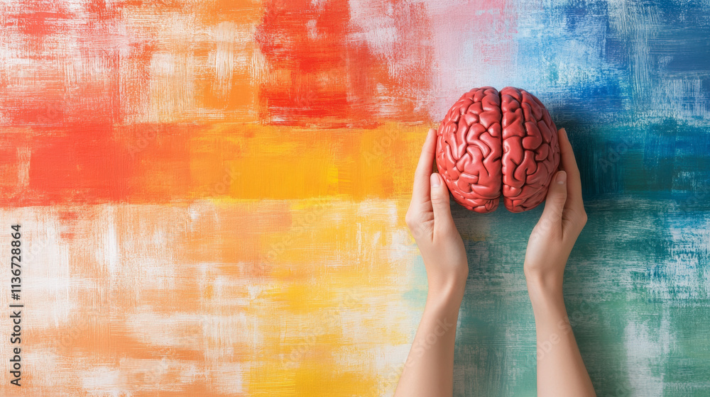 Aufkleber hands hold a model brain against a colorful, abstract background, symbolizing creativity and the con