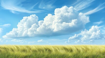 Obraz premium A field of green grass under a blue sky with white clouds