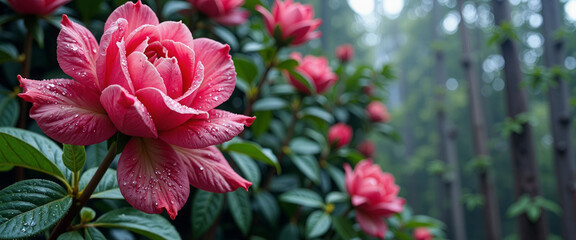 A red rose is in the foreground of a mountain landscape. The mountain range is covered in trees and the sky is cloudy. Concept of tranquility and natural beauty
