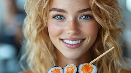 Naklejka premium Young woman enjoying sushi in a casual dining setting during the day
