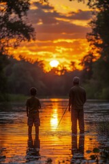 Fototapeta premium Father and son enjoy fishing at sunset on a serene river