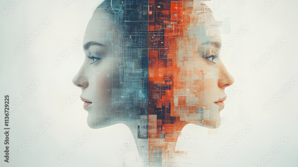 Poster a digital artwork of two mirrored profiles, blended with futuristic and abstract tech elements, symb
