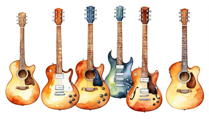 Fototapeta premium Watercolor painting featuring a vibrant collection of uniquely designed guitars against a clean white backdrop, highlighting the beauty and diversity of musical instruments.